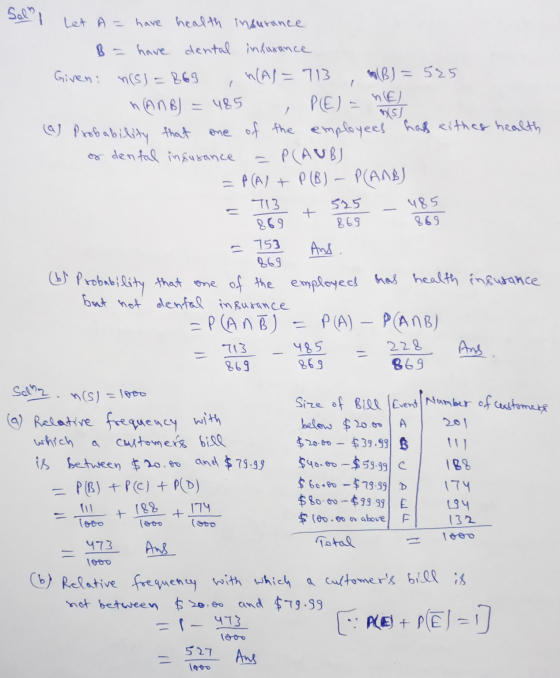 Salmi / PE) - nie) one of the = P(AUB) 485 = 753 Let A = have health insurance B - have dental infurance Giveni n(s) = 869 M(