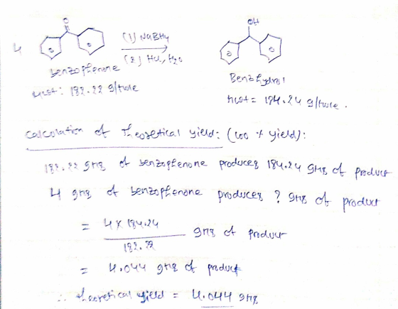. 7 V NABHY benzofronne ! f Hu, to mest: 182.22 g/ture Benz hydins heat= 194.24 gtule. calcolation of theoretical yield: (loo
