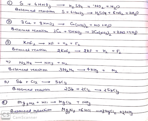 e S + 6HNO2 Balanied reaction - H₂SO4 + NO + H₂O S+6HNO → H₂SO4 + 6 NO₂ + 2H₂O * Blu + 8HNO3 → Cu(NO3)2 + NO +H₂O Balanced re
