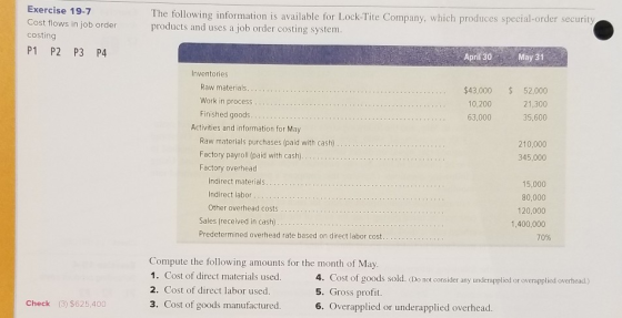 Exercise 19-7 Cost flows in job order costing P1 P2 P3 P4 The following information is available for Lock-Tite Company, which