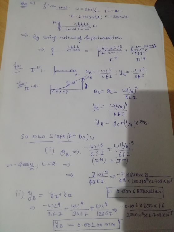 ng 2) Siven that w= 2kN/m. ; L = 2 I= 1.708x10mt; E= 200 upa. Cat de to B. . By using method of Super imposition: litto mons