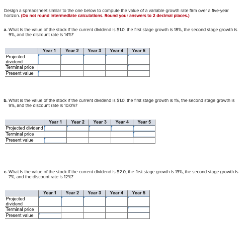 Design a spreadsheet similar to the one below to compute the value of a variable growth rate firm over a five-year horizon. (