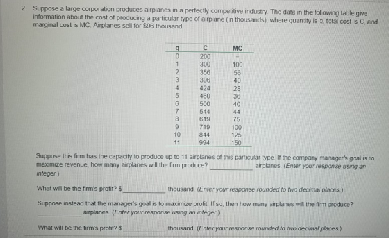 2. Suppose a large corporation produces airplanes in a perfectly competitive industry. The data in the following table give i