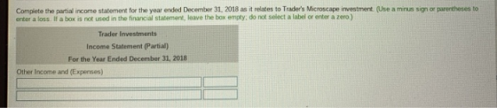 Complete the partial income statement for the year ended December 31, 2018 as it relates to Traders Microscape investment (U