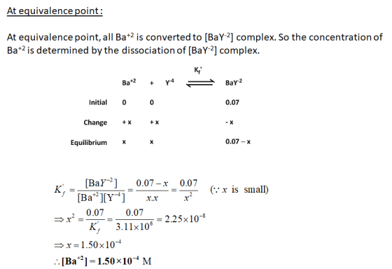 At equivalence point: At equivalence point, all Ba+2 is converted to [Bay-2] complex. So the concentration of Ba+2 is determi