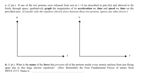 c. (2 pts.) If one of the two protons were released from rest at t=0 (as described in part (b)) and allowed to fly freely through space, qualitatively graph the magnitudes of its acceleration vs. time and speed vs. time on the provided axes: (Consider only the repulsive electric force between these two protons; ignore any other forces.) d. (1 pt.) What is the name of the force that prevents all of the protons inside every atomic nucleus from just flying apart due to this huge electric repulsion? (Hint: Remember the Four Fundamental Forces of nature from PHYS 151?) Name it: