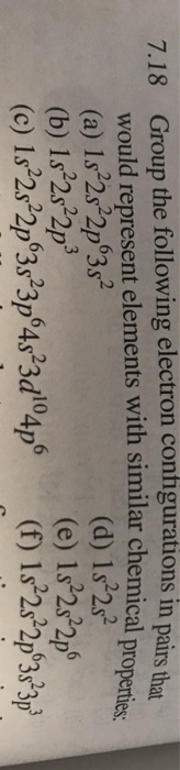 7.18 Group the following electron configurations in pairs would represent elements with similar chemical properties (a) 1s22s