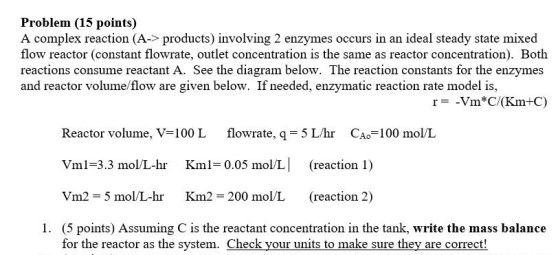 Problem (15 points) A complex reaction (A-> products) involving 2 enzymes occurs in an ideal steady state mixed flow reactor