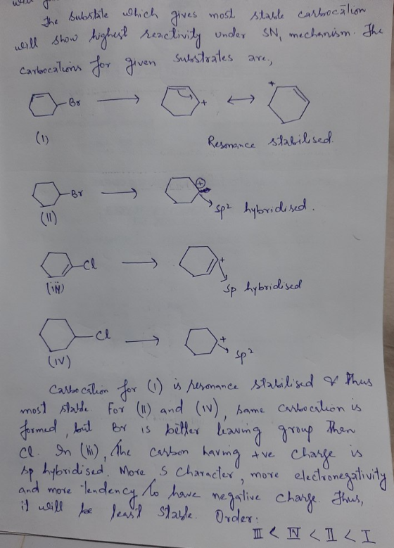 W40 The substite which gives most slable carbocation all show highest reactivity under SN, mechanism. The carbocations for gi