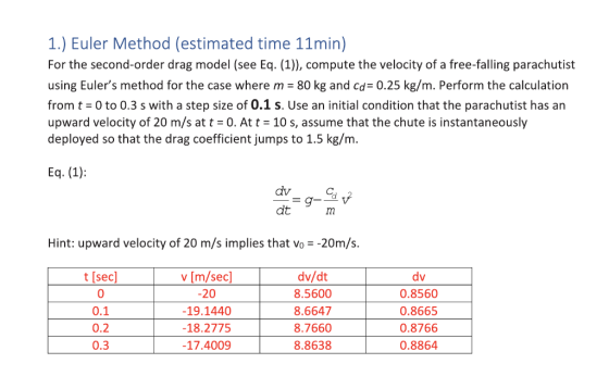 1.) Euler Method (estimated time 11min) For the second-order drag model (see Eq. (1)), compute the velocity of a free-falling