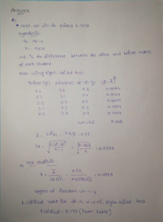 Answer 6) Here, we will do paired t-test. Hypothesis: How o Hi udo ud, is the difference between the after and before mooks o