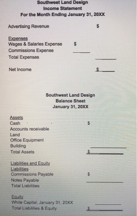 Southwest Land Design Income Statement For the Month Ending January 31, 20XX Advertising Revenue $ Expenses Wages & Salaries