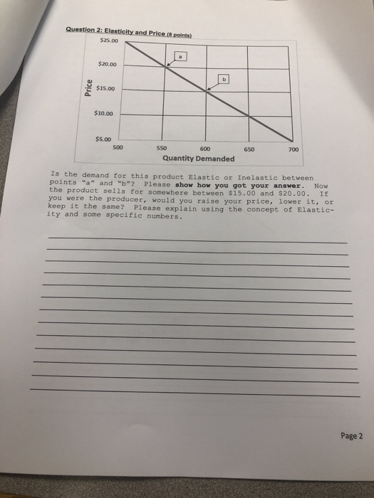 Question 2: Elasticity and Price (8 points) $25.00 $20.00 b $15.00 $10.00 $5.00 500 S50 600 650 700 Quantity Demanded Is the