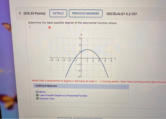 5. [0/8.33 Points] DETAILS PREVIOUS ANSWERS OSCOLALG1 5.2.107. Determine the least possible degree of the polynomial function