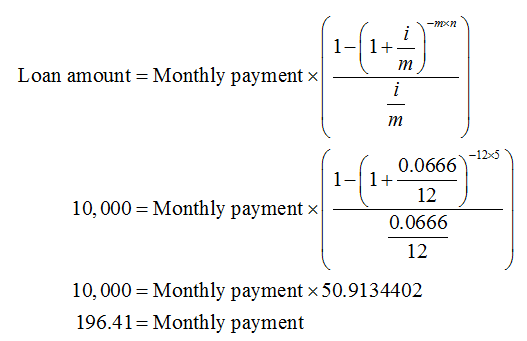 Cm Loan amount = Monthly payment 0.0666 11+- 12 0.0666 10,000 = Monthly payment 12 10,000 = Monthly payment x 50.9134402 196.