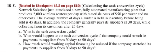 18-5. (Related to Checkpoint 18.2 on page 580) (Calculating the cash conversion cycle) Network Solutions just introduced a ne
