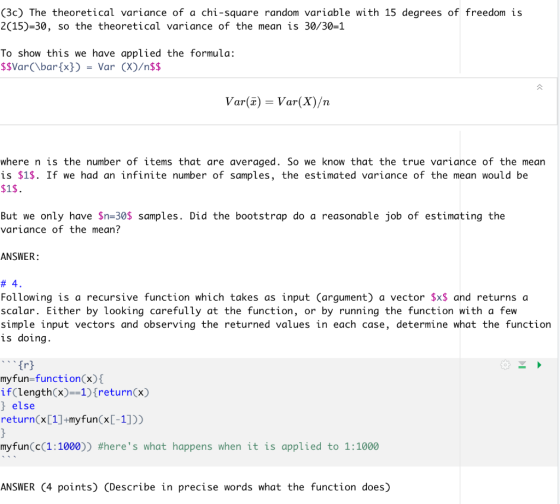 (3c) The theoretical variance of a chi-square random variable with 15 degrees of freedom is 2(15)=30, so the theoretical vari