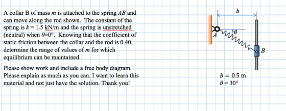 Mmm to B A collar B of mass m is attached to the spring AB and can move along the rod shown. The constant of the spring is k