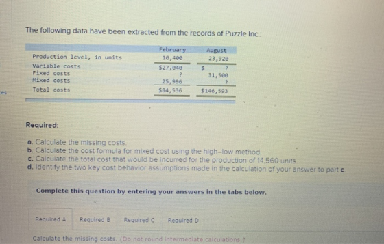 The following data have been extracted from the records of Puzzle Inc.: February 10,400 $27,640 August 23,920 Production leve