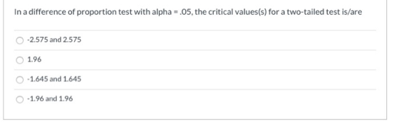 In a difference of proportion test with alpha = .05, the critical values(s) for a two-tailed test is/are -2.575 and 2.575 1.9