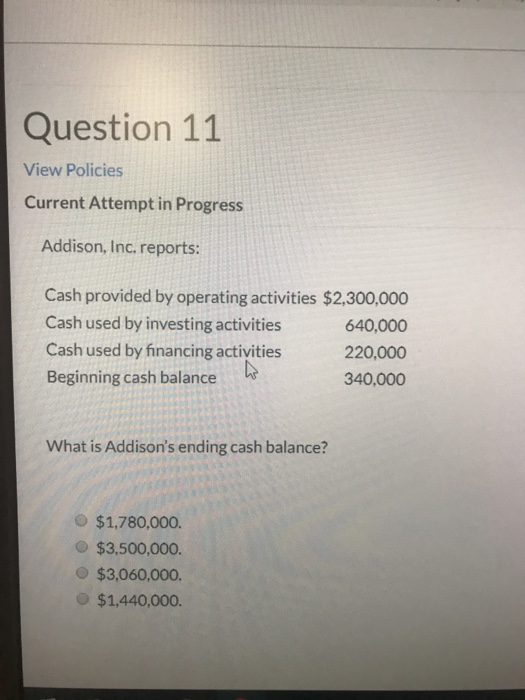 Question 11 View Policies Current Attempt in Progress Addison, Inc. reports: Cash provided by operating activities $2,300,000