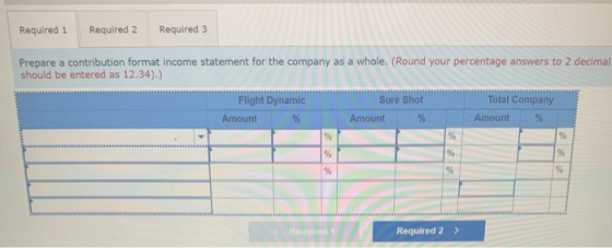 Required 1 Required 2 Required 3 Prepare a contribution format income statement for the company as a whole. (Round your perce