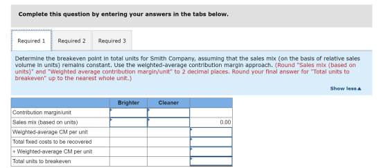 Complete this question by entering your answers in the tabs below. Required 1 Required 2 Required 3 Determine the breakeven p