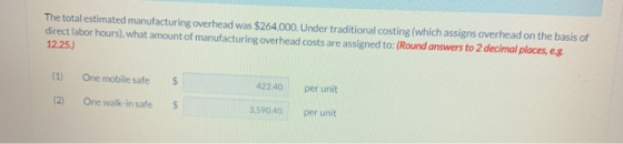The total estimated manufacturing overhead was $264,000. Under traditional costing (which assigns overhead on the basis of di