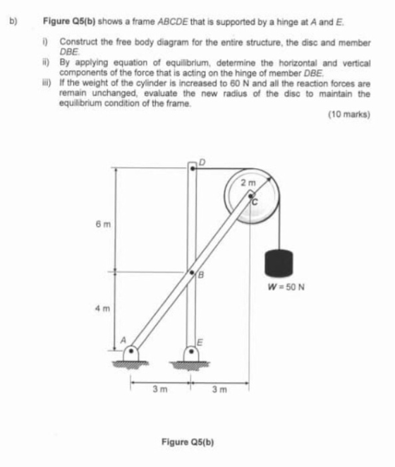 b) Figure Q5(b) shows a frame ABCDE that is supported by a hinge at A and E )Construct the free body diagram for the entire s
