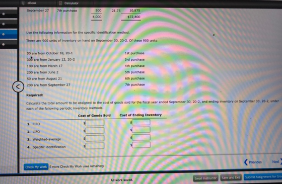 eBook Calculator September 27 7th purchase 500 21.75 10,875 $72,400 4,000 Use the following information for the specific iden