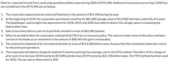 Nash Inc. reported income from continuing operations before taxes during 2020 of $791,900. Additional transactions occurring