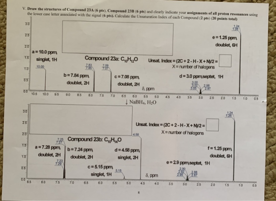 V. Draw the structures of Compound 23A (6 pts). Compound 23B (6 pts) and clearly indicate your assignments of all proton reso