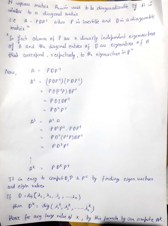 similar to a Huquare matrix Anxnus said to be diagonalizable sy A ý A =P DP+ where p us invertible and Dus a diagonable diago