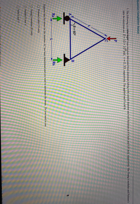 Question Completion Status: 1. The following is a one-layer truss structure fabricated from aluminum tabing with outside diam