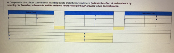 4. Compute the direct labor cost variance, including its rate and efficiency variances. (Indicate the effect of each variance