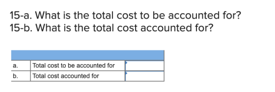 15-a. What is the total cost to be accounted for? 15-b. What is the total cost accounted for? a. b. Total cost to be accounte