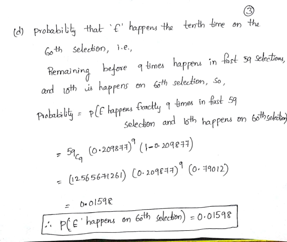 (d) prohabibh thathrpens the terth dme on the 6oth Selecbon, i.e Remaining befove q tmes happet and uot is happens em 6th selection, So Selecken and loth happens on 6thsoalet (125656-H 261) 10. 209여ㅋ)9 (o.Hol2 b.o159 PEh on 6sth selecken) -00158