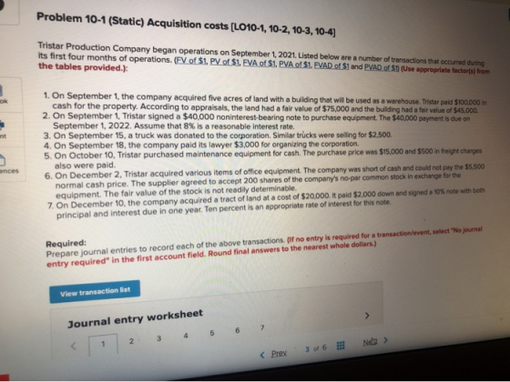Problem 10-1 (Static) Acquisition costs [LO10-1, 10-2, 10-3, 10-4) Tristar Production Company began operations on September 1