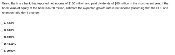 Grand Bank is a bank that reported net income of $150 million and paid dividends of $60 million in the most recent year. If t