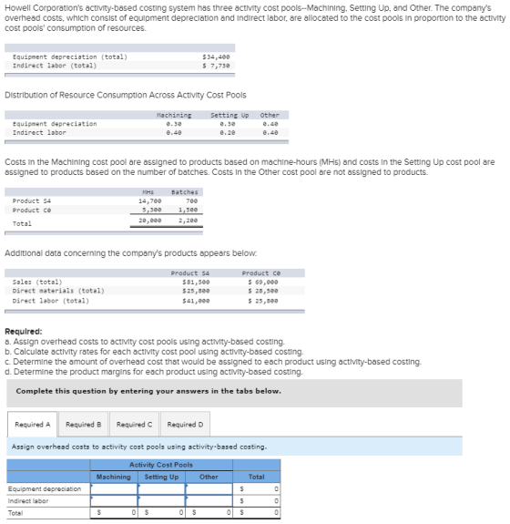 Howell Corporations activity-based costing system has three activity cost pools--Machining, Setting Up, and Other. The compa