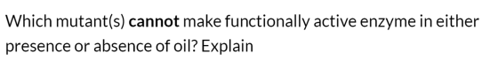 Which mutant(s) cannot make functionally active enzyme in either presence or absence of oil? Explain