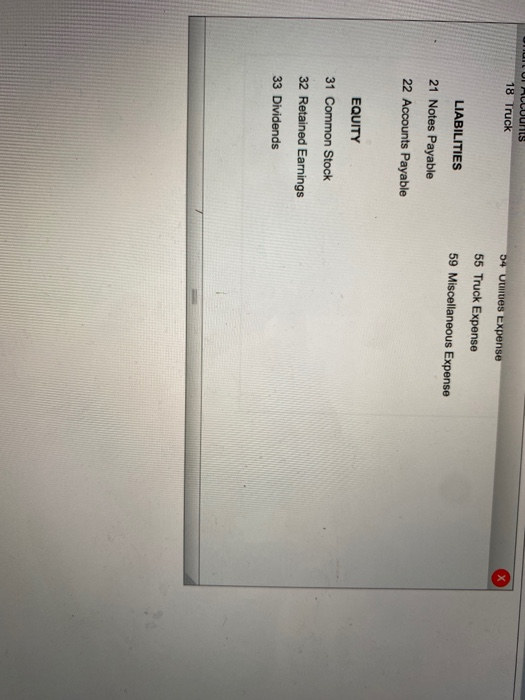 0 LUMIA 18 Truck 14 Utilities Expense 55 Truck Expense 59 Miscellaneous Expense LIABILITIES 21 Notes Payable 22 Accounts Paya