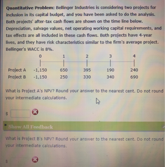 Quantitative Problem: Bellinger Industries is considering two projects for inclusion in its capital budget, and you have been asked to do the analysis. Both projects after-tax cash flows are shown on the time line below. Depreciation, salvage values, net operating working capital requirements, and tax effects are all included in these cash flows. Both projects have 4-year lives, and they have risk characteristics similar to the firms average project. Bellingers WACC is 8%. 0 2 3 4 190 240 Project A-1,150 Project B 1,150 650 395 250 330 340 690 What is Project As NPV? Round your answer to the nearest cent. Do not round your intermediate calculations. show All Feedback What is Project Bs NPV? Round your answer to the nearest cent. Do not round your intermediate calculations