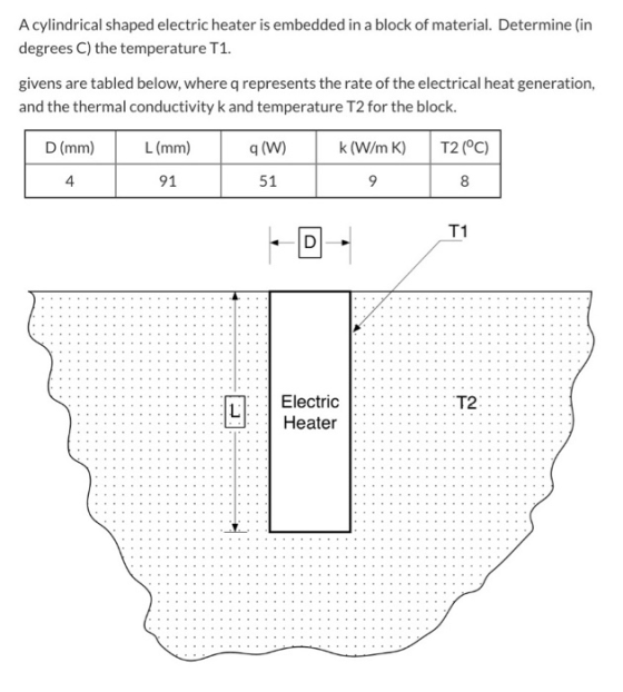 A cylindrical shaped electric heater is embedded in a block of material. Determine (in degrees C) the temperature T1. givens
