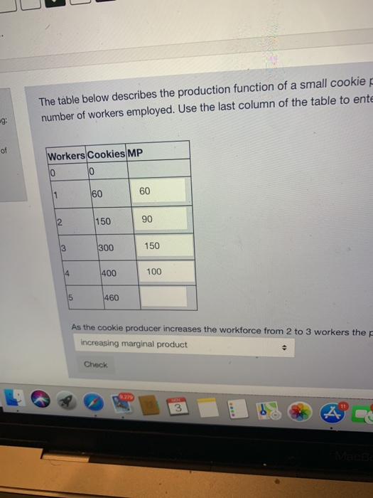 The table below describes the production function of a small cookie number of workers employed. Use the last column of the ta