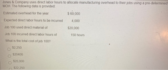 Jones & Company uses direct labor hours to allocate manufacturing overhead to their jobs using a pre-determined MOH. The foll