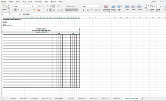 Home insert Draw Page Layout Formulas Data Review View Share .com BI O A Merye & Center - S 12/31/2019 JOU INSIME SIMT OF DE