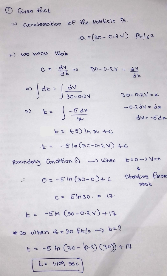Given that 2) acceleration of the particle is. a =(30-0.2V) ft/s2 =) we know thak az s 30-0.2V DE dy de du / dt = dv 30-0.2V