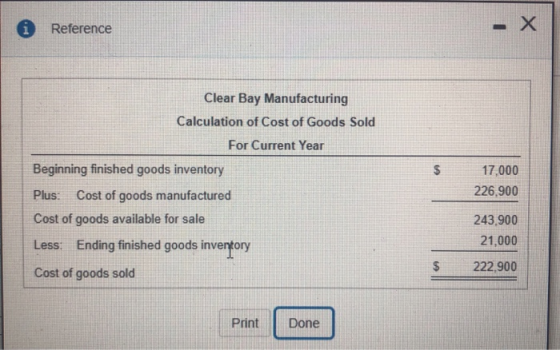 i Reference Clear Bay Manufacturing Calculation of Cost of Goods Sold For Current Year Beginning finished goods inventory Plu