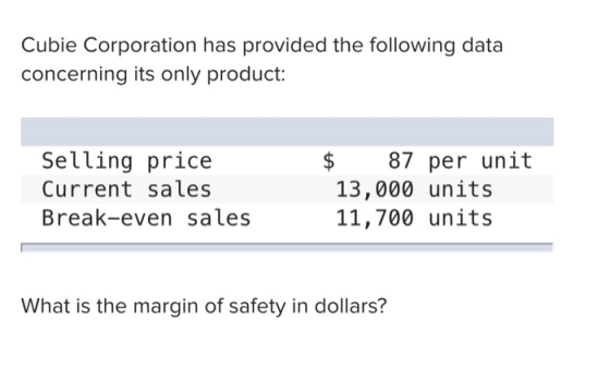 Cubie Corporation has provided the following data concerning its only product: Selling price Current sales Break-even sales $